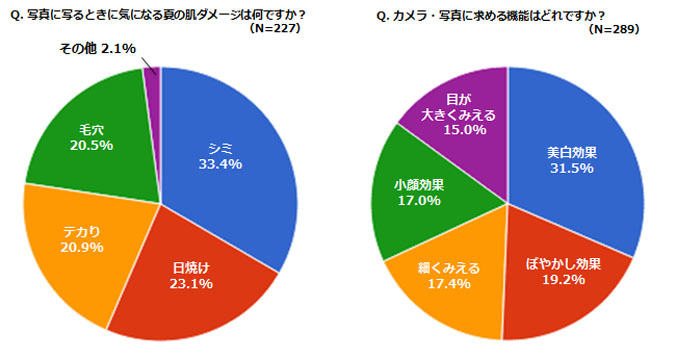 写真に写る時に気になる夏の肌のダメージは何ですか？、カメラ・写真に求める機能はどれですか？の結果グラフ