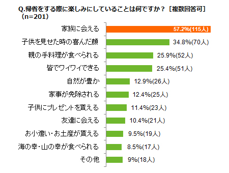 「帰省をする際に楽しみにしていることは何ですか？［複数回答可］（n=201）」ランキング結果